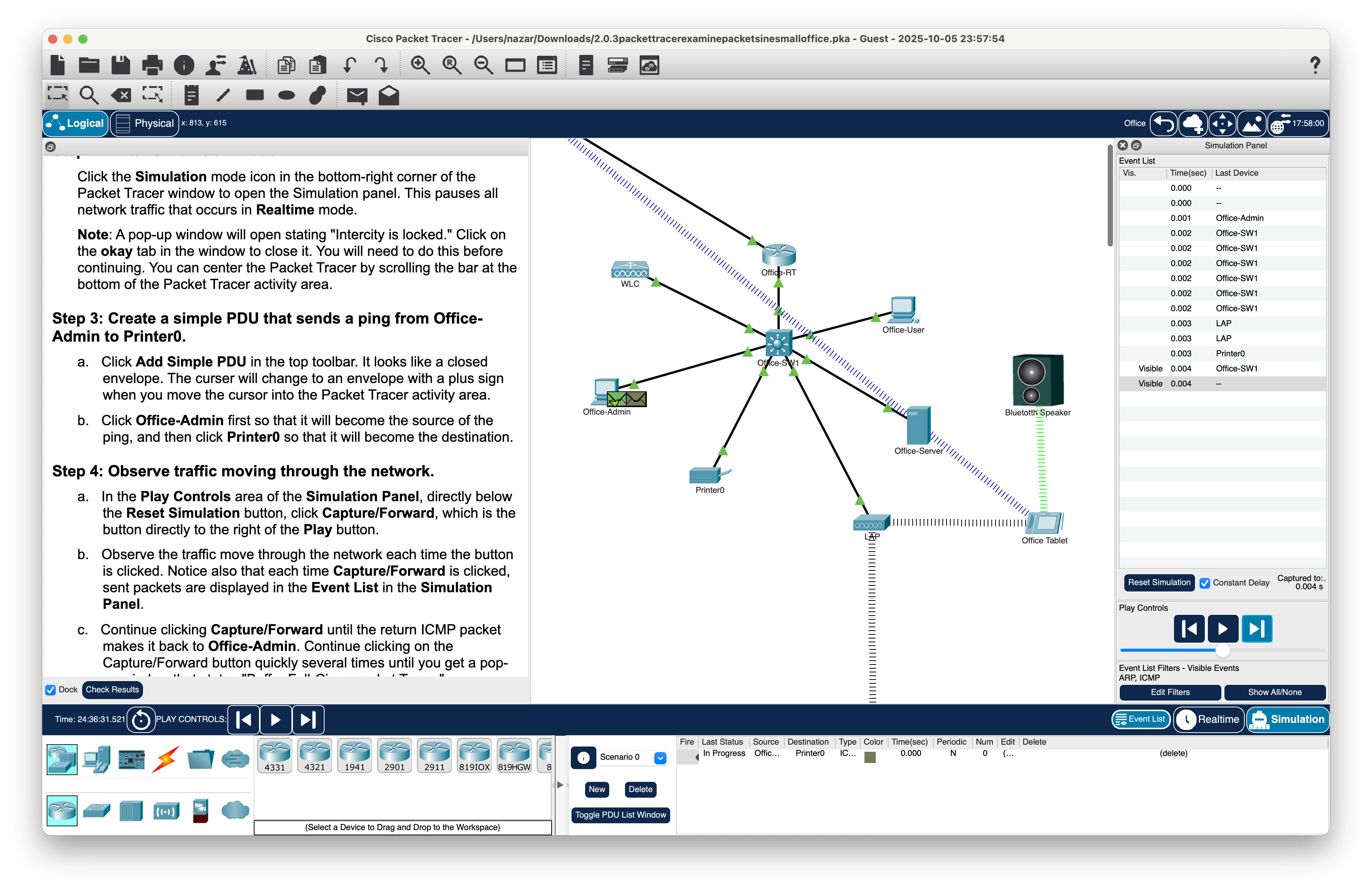 Figure 7 – Office-Admin recieves response from Printer0 forwarded by Office-SW1